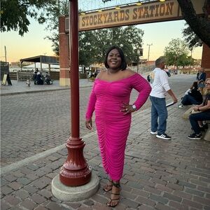 Eloquii Pink Off-Shoulder Maxi Dress for Wedding Guest